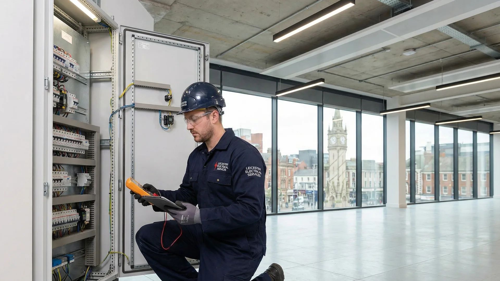 Professional electrician working on a commercial electrical panel in Leicester
