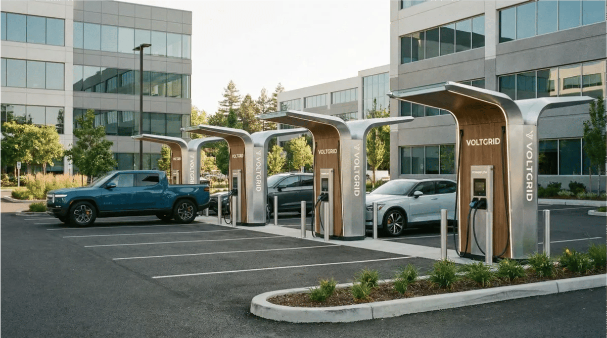 Four electric vehicles are parked and charging at Voltgrid stations in the parking lot of a modern office complex, showcasing our portfolio of innovative electrical solutions.