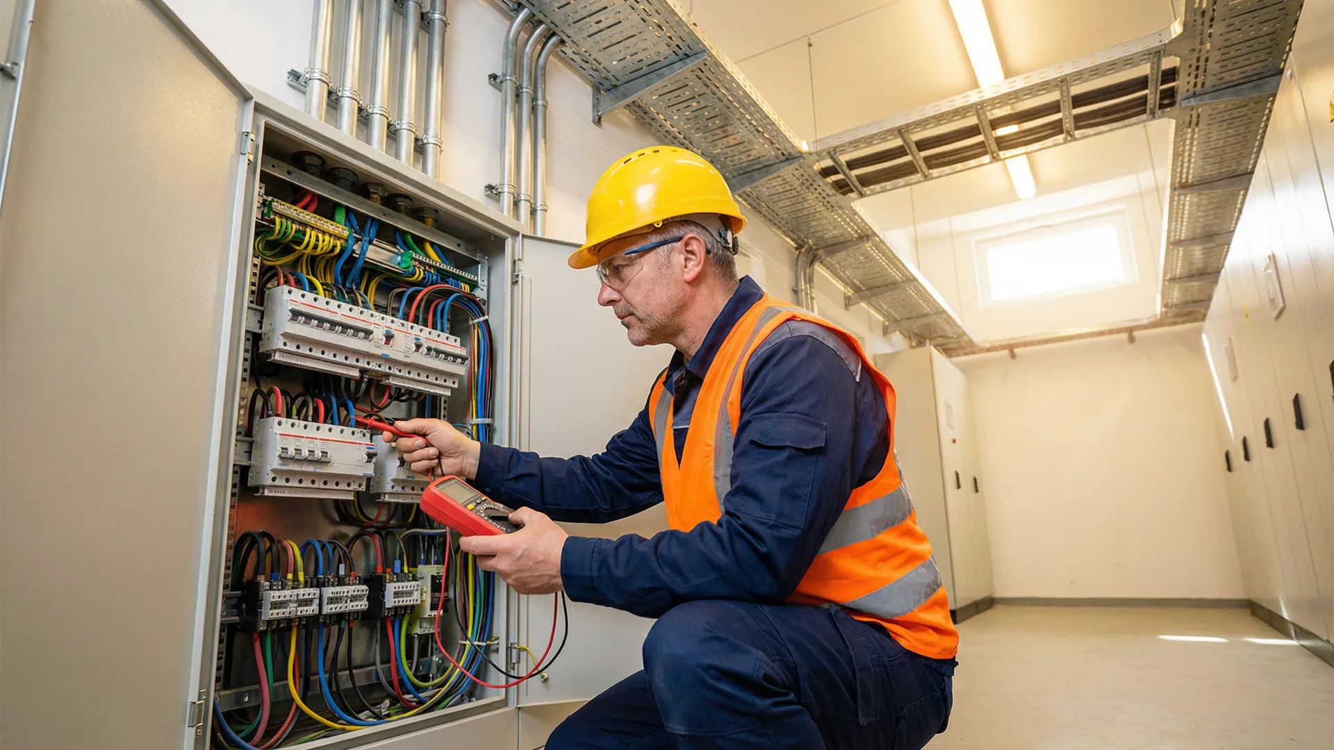 Electrician smiling and holding a tablet