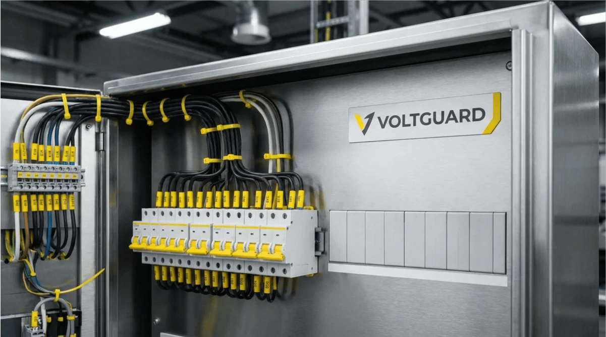 Open industrial electrical panel labeled “Voltguard” displaying multiple circuit breakers and organized wiring with yellow cable markers, ideal for electrical installation in new builds and commercial fit-outs.