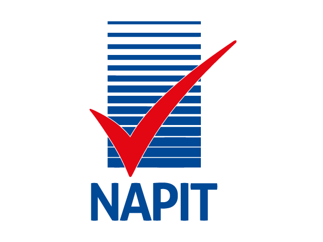 Napit logo with blue horizontal lines forming a rectangle and a large red check mark overlaid, symbolizing trusted electrical services, with the word "NAPIT" in blue below.