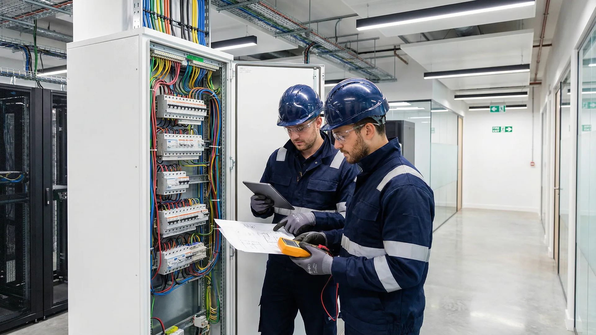 Professional electrician working on a commercial electrical panel in Nuneaton